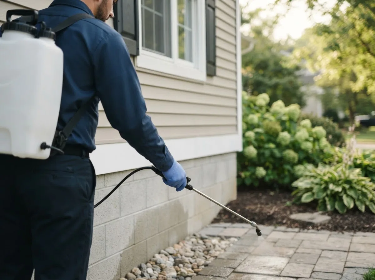 Pest control technician inspecting a home in Ferrysburg, MI